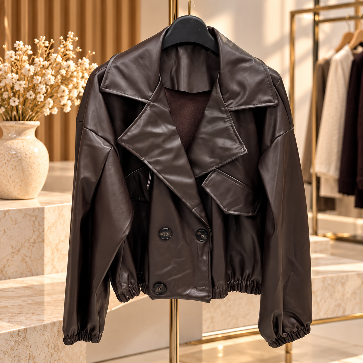 Blouson Marron Foncé en Similicuir Oversize – Taille Unique