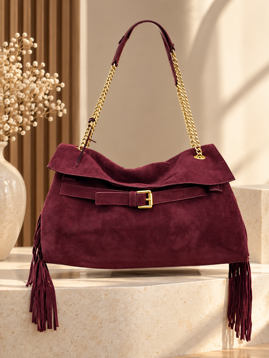 Sac Hobo Bordeaux en Similicuir avec Chaîne Dorée et Franges