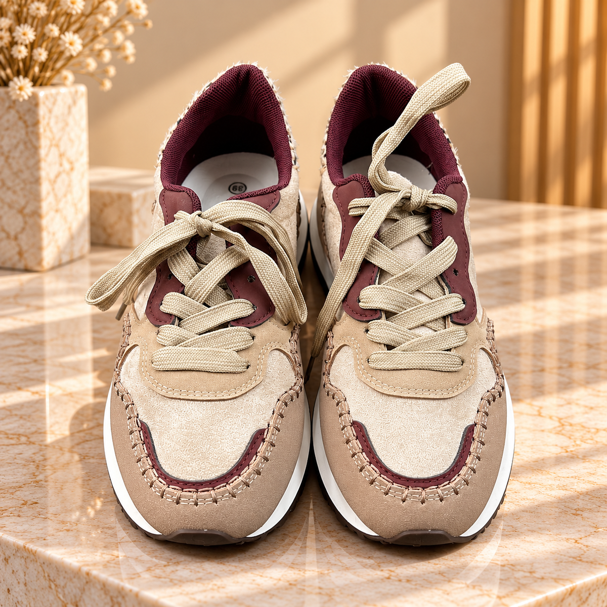 Baskets Beige et Bordeaux avec Détails Léopard