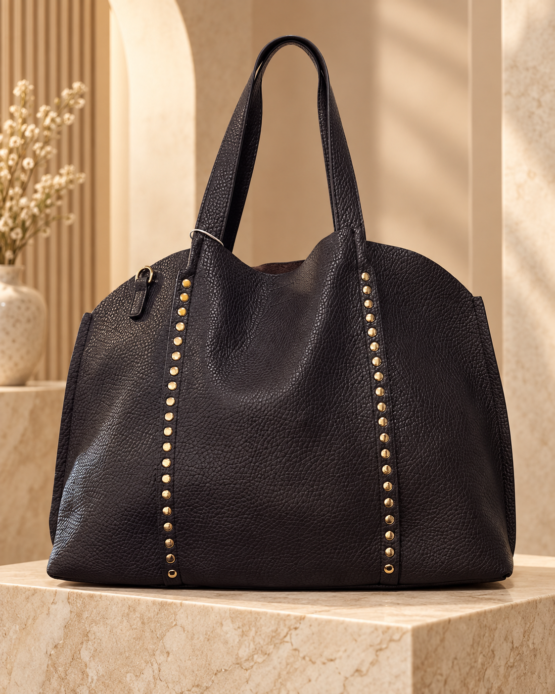 Sac Cabas Noir Élégant en Similicuir avec Clous Dorés – Sac à Main Chic