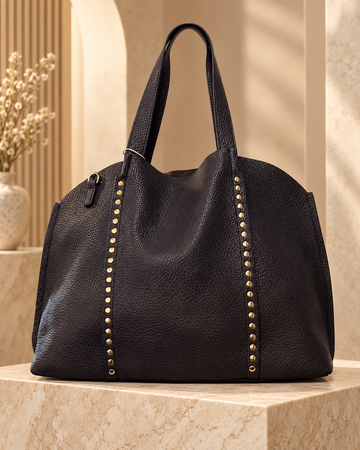Sac Cabas Noir Élégant en Similicuir avec Clous Dorés – Sac à Main Chic