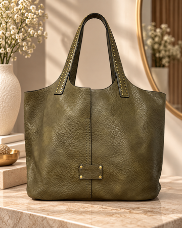 Sac Cabas Vert Olive en Similicuir avec Détails Cloutés – Sac à Main Élégant