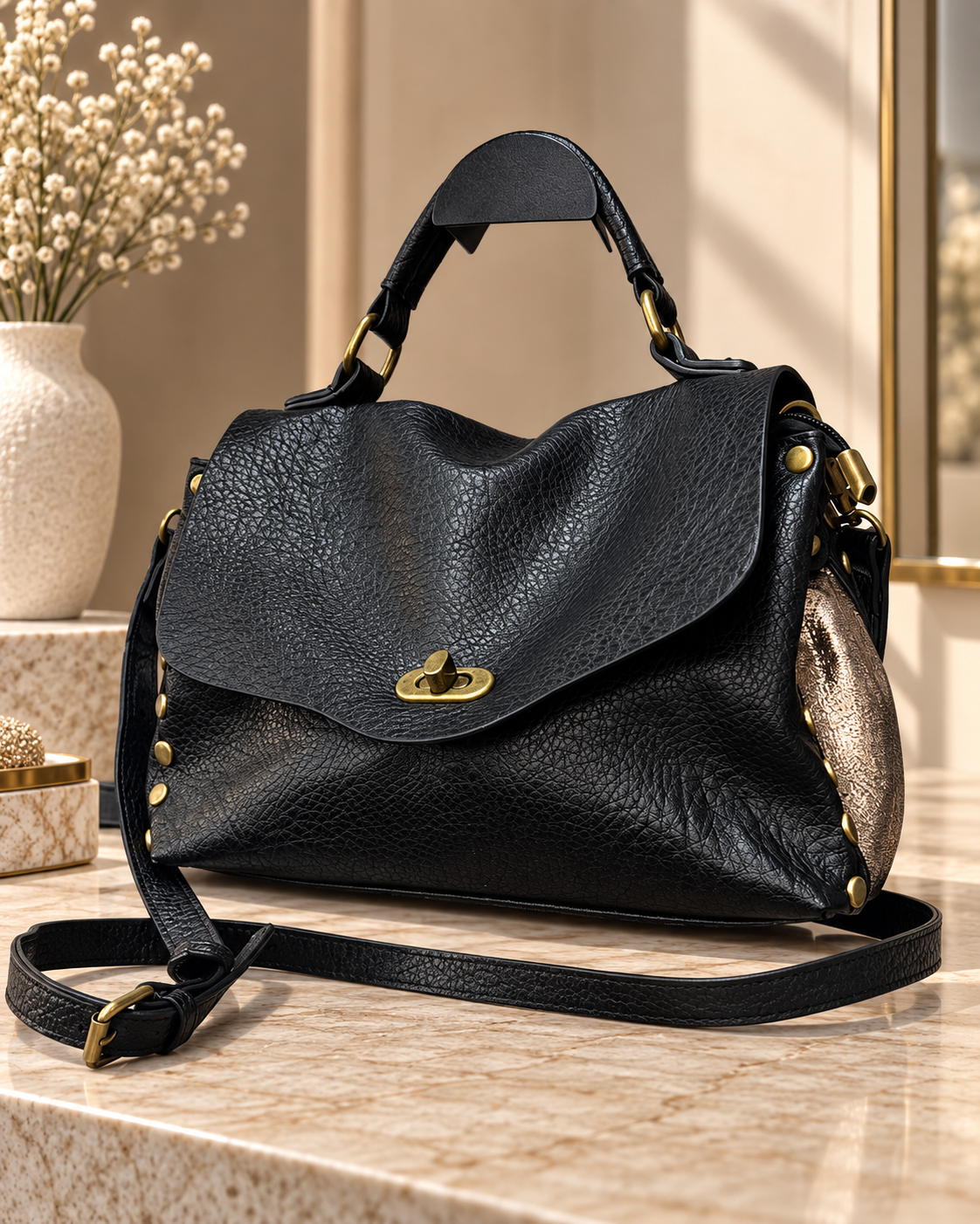 Sac à Main Élégant Noir en Similicuir avec Détails Dorés – Sac Épaule & Bandoulière