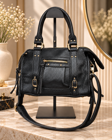 Sac à Main Noir en Similicuir avec Détails Dorés – Sac Élégant et Polyvalent
