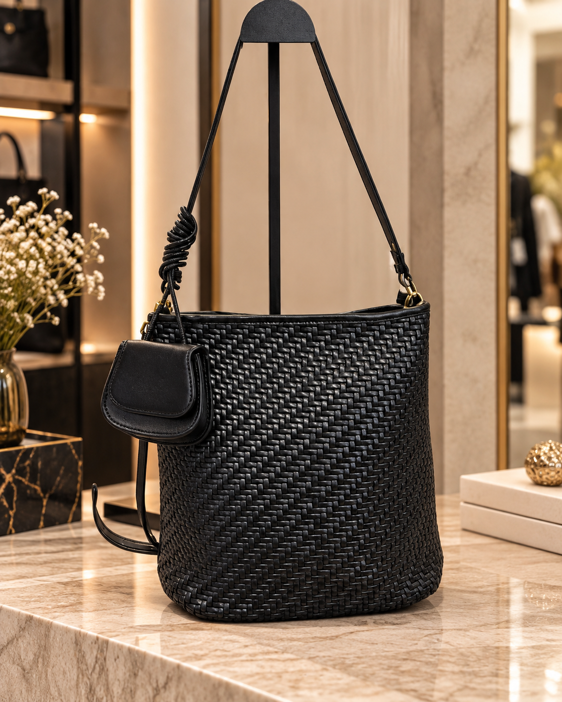 Sac à Épaule Noir en Similicuir Tressé avec Pochette Assortie – Sac Élégant