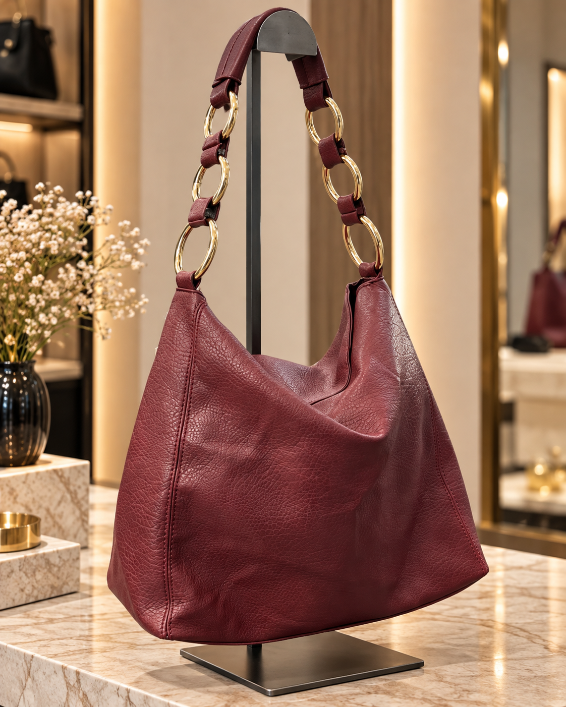 Sac Hobo Bordeaux en Similicuir avec Anneaux Dorés – Sac à Épaule Élégant