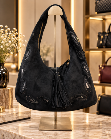Sac Hobo Noir en Similicuir avec Détails Paisley et Pampille – Sac à Épaule Élégant