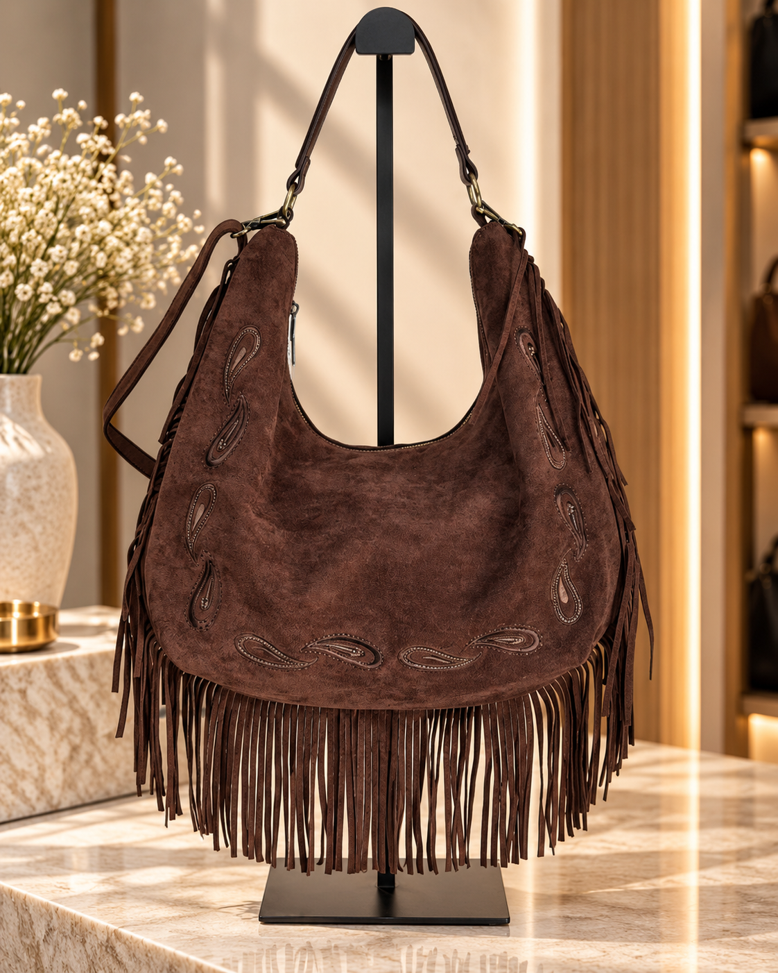 Sac Hobo Marron en Similicuir à Franges avec Détails Paisley – Sac à Épaule Bohème