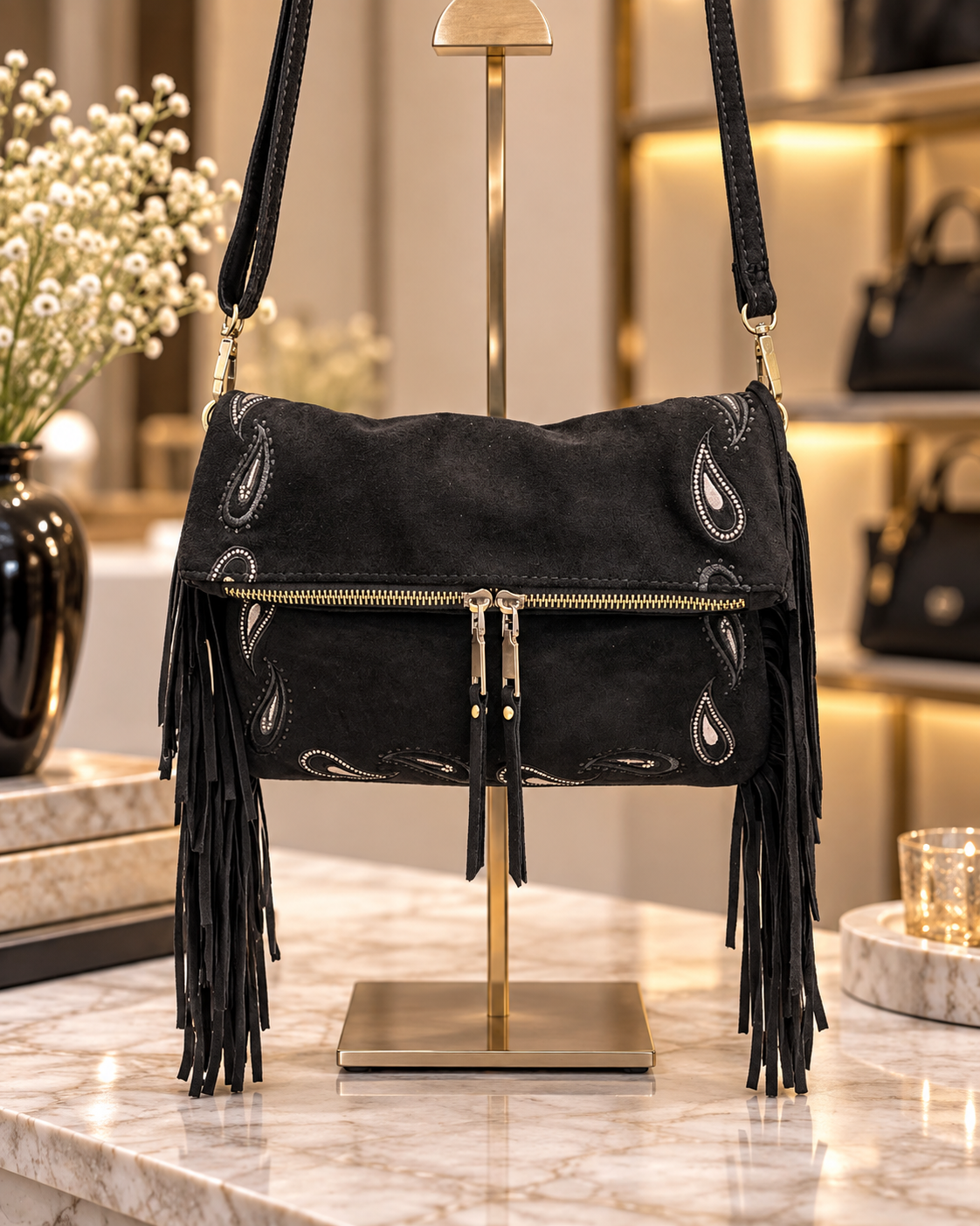 Sac Bandoulière Noir en Similicuir avec Détails Paisley et Franges – Sac Bohème