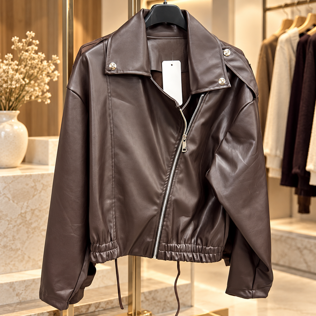 Blouson Biker Marron Chocolat en Similicuir – Taille Unique