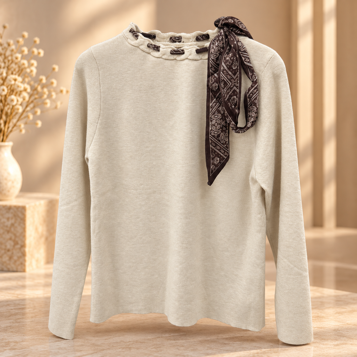 Pull Tricoté Crème avec Détail Foulard Paisley
