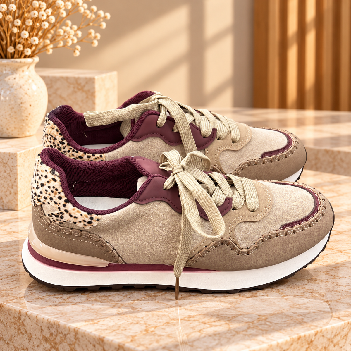Baskets Beige et Bordeaux avec Détails Léopard