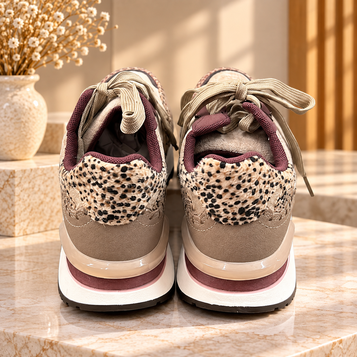 Baskets Beige et Bordeaux avec Détails Léopard