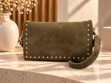 Sac Bandoulière Vert Olive en Similicuir avec Clous Dorés