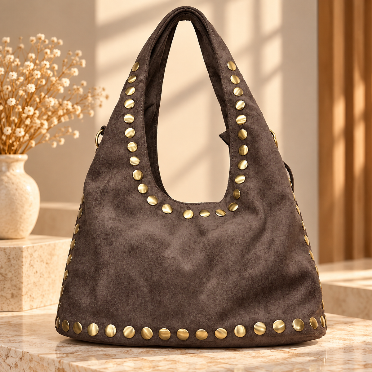 Sac Hobo Taupe en Similicuir avec Détails Cloutés Dorés